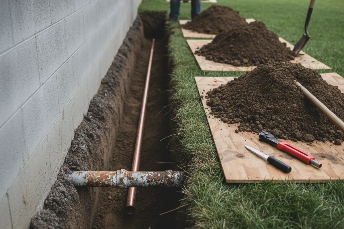 Excavated water line trench during Sewer Line Repair in West Hamlin